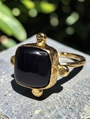 18k Gold Plated Artisan Designer Byzantine Onyx Natural Stone Crystal Ring